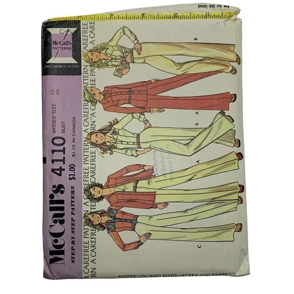 Vintage 70s McCalls 4110 Pattern Misses 8-16 Shirt Jacket Pants Flared Uncut